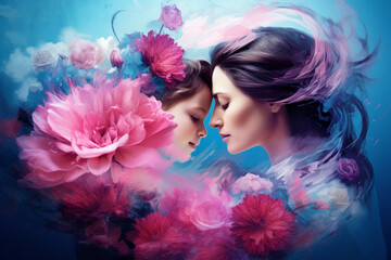 Happy Mother's Day illustration with mother and daughter in pastel colors