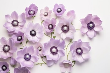  a bunch of purple flowers sitting on top of a white surface with one flower in the middle of the picture and one flower in the middle of the flowers in the middle.