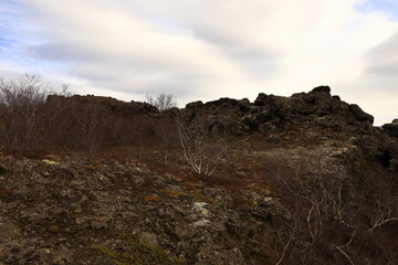 Dimmuborgir is a large area of unusually shaped lava fields east of Mývatn in Iceland