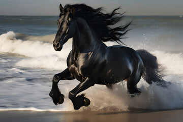 Beautiful black horse galloping along the beach