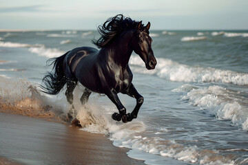 Obraz na płótnie Canvas Beautiful black horse galloping along the beach