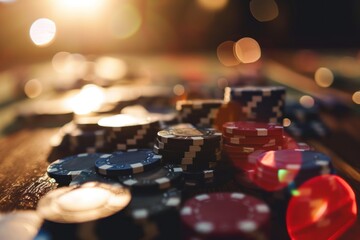 Casino gambling chips on wooden table with bokeh background. Casino concept with copy space. Online casino. Gambling concept with copy space.
