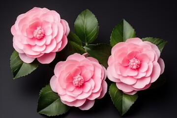  three large pink flowers with green leaves on a black background with copy space for text or image stock photo - 13899999999992.