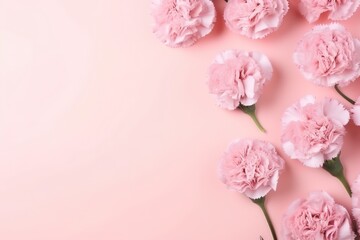 a bunch of pink carnations on a pink background with a place for a text or an image to put on a greeting card or for someone special occasion.