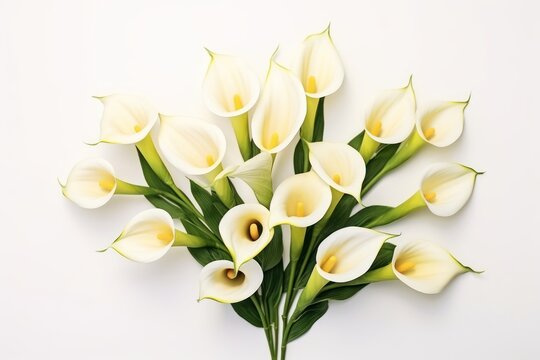  a bouquet of white calla lilies with green leaves on a white background with copy - space for a text or a logo on the bottom of the image.