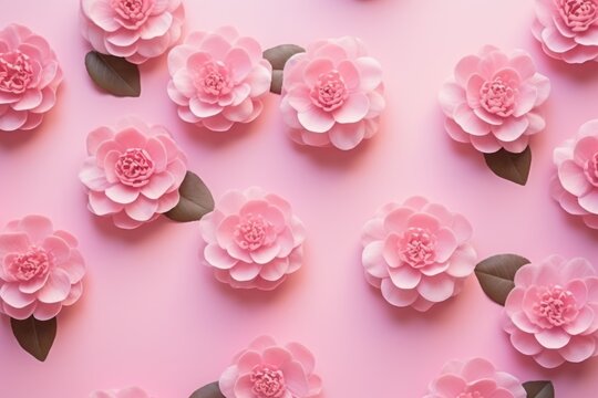  a bunch of pink flowers with leaves on a pink background with a place for the text on the left side of the image is a bunch of pink flowers with leaves on the right side.