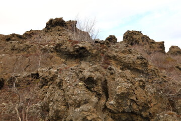 Dimmuborgir is a large area of unusually shaped lava fields east of Mývatn in Iceland