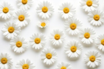  a group of white and yellow daisies on a white surface with one yellow flower in the middle of the picture and one white flower in the middle of the picture.