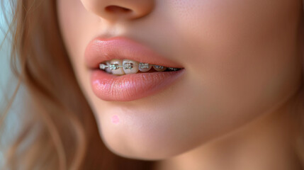 Fototapeta premium close-up of bracketed teeth