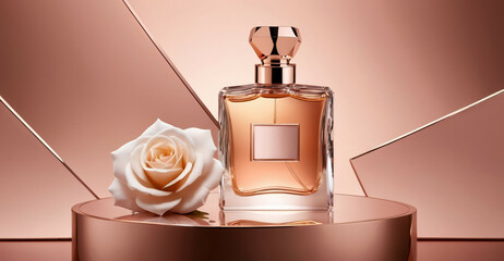 Bottle of women's perfume with a white rose flower on an abstract geometric background. Rose podium for product display. Mock-up for presentation of cosmetic products or packaging. 3d rendering
