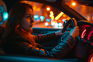 women in the car and driving in at night