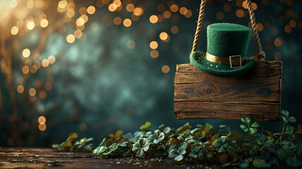 Green Top Hat on Wooden Sign Amidst Clover Leaves with Golden Bokeh - Saint Patrick's Day
