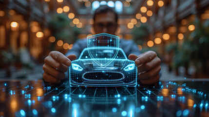 man holding a halograph model of a car. safety concept, car insurance, rental car - Powered by Adobe
