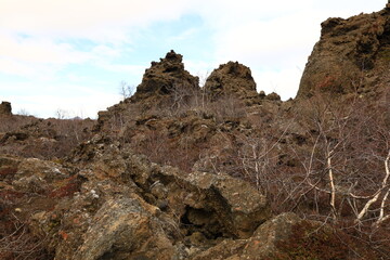Dimmuborgir is a large area of unusually shaped lava fields east of Mývatn in Iceland