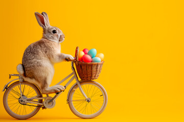 Easter bunny Riding a bike with easter eggs into a basket, on yellow background - obrazy, fototapety, plakaty