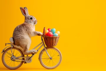 Foto op Aluminium Easter bunny Riding a bike with easter eggs into a basket, on yellow background © chandlervid85