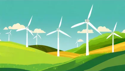 Schilderijen op glas Lovely green landscape with wind turbines on a bright sunny day © Harry