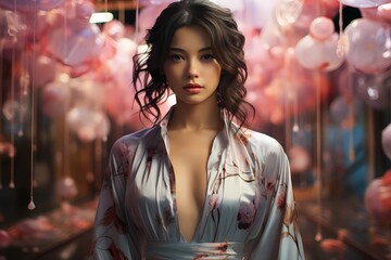 Japanese model in an elegant kimono, surrounded by futuristic holographic displays against a serene lavender pastel wall