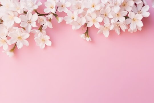  white flowers on a pink background with a place for a text or an image of a branch of white flowers on a pink background with a place for text ornament.