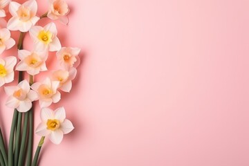 Fototapeta na wymiar a bouquet of white and yellow daffodils on a pink background with a place for a text or an image of a bouquet of white and yellow daffodils on a pink background.