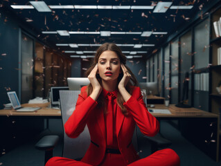 Fototapeta premium Woman in red suit looking stressed in office, load of office work