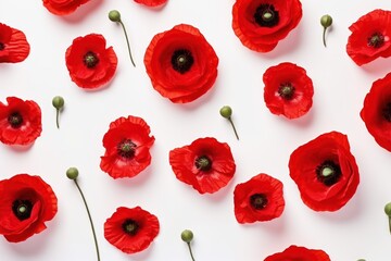  a group of red flowers sitting next to each other on a white surface with a green stem in the middle of the picture and a single flower in the middle of the middle.