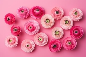 a bunch of pink paper flowers on a pink background with a green spot in the middle of the middle of the flower, with a green spot in the middle of the middle.