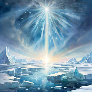Artic landscape with polar satr at the middle. Book cover illustration.