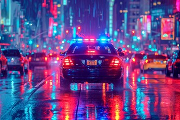A lone police car navigates the slick city streets, its flashing lights reflecting off the glistening pavement in the pouring rain, a symbol of safety and protection in the darkness of night