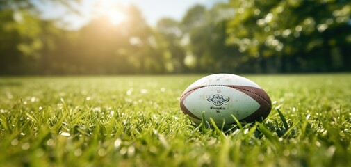 a rugby ball on a rugby field in the middle of the lawn, the image is made with the help of generative ai technology.