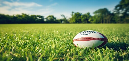 a rugby ball on a rugby field in the middle of the lawn, the image is made with the help of generative ai technology.