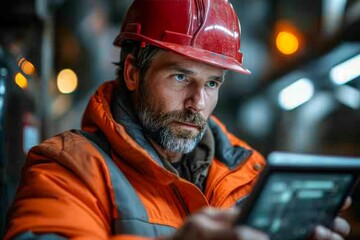 A rugged blue-collar worker donning a hard hat and orange jacket stands confidently on the bustling street, his human face adorned with a bushy beard, embodying the resilience and determination of an