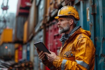 A rugged engineer, clad in bright yellow workwear and a hard hat, confidently inspects a bustling street of construction, equipped with his trusty tablet and ready to tackle any building challenge ah