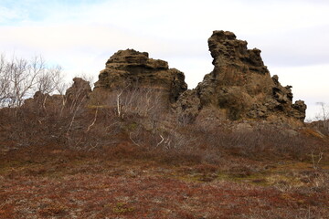 Dimmuborgir is a large area of unusually shaped lava fields east of Mývatn in Iceland