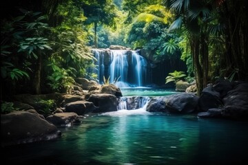  a waterfall in the middle of a forest filled with lots of green plants and a body of water surrounded by rocks and greenery on either side of the stream.