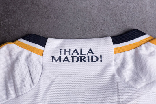 Puerto Real, Spain - January 8, 2024: Official shirt of the Real Madrid Soccer Club, the club with the most European champions