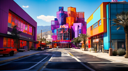 Obraz premium Vibrant City Street Scene with Colorful Signage and Architecture, Perfect for Urban Exploration