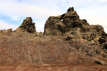 Dimmuborgir is a large area of unusually shaped lava fields east of Mývatn in Iceland