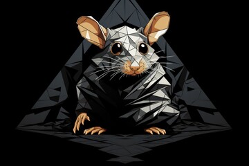  a rat sitting on top of a black floor next to a black and white geometric background with a triangle shaped object in the middle of the rat's head.