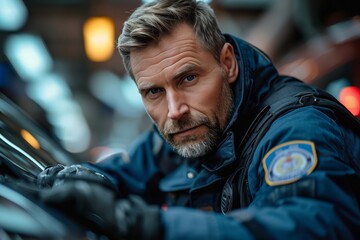 Fototapeta premium A striking man in a blue jacket stands confidently, his human face exuding determination as he embodies the essence of style and fashion