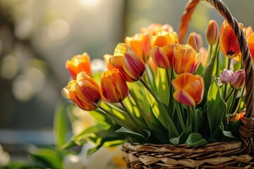  a basket filled with lots of orange and pink tulips on top of a bed of white and yellow flowers next to a green leafy bushy bush.