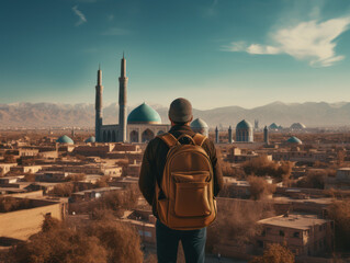 Pakistani man carrying bag looking at the city on back view, city and mosque background - obrazy, fototapety, plakaty