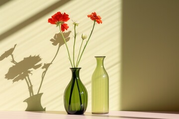  a couple of vases sitting on top of a table next to a vase with flowers in it and a shadow of a wall behind the vase on the wall.