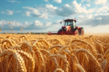Front view of modern automated combine harvesting wheat ears on a bright summer day. Grain harvester in a vast golden wheat field. Blue cloudy sky with bright sun in the background.