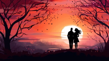  a silhouette of a man and a woman holding hands as the sun sets in the background, with trees and leaves in the foreground, and the sun setting in the foreground.