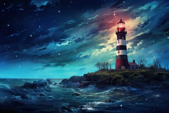  a painting of a lighthouse on a small island in the middle of a body of water under a night sky filled with stars and a full of clouds with stars.