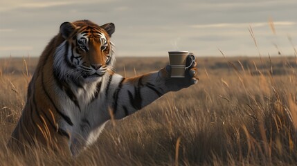 A tiger is holding a coffee cup in its paw.