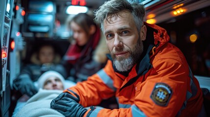 Compassionate Paramedics Providing Essential Medical Assistance to a Patient Inside an Ambulance during Emergency Transport