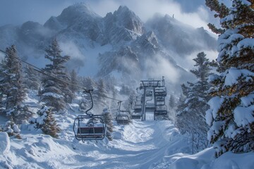 Amidst a winter storm, snow-covered trees and freezing temperatures create a breathtaking scene as ski lift chairs glide through the sky towards the mountain, guided by a towering ski tow