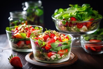  a close up of a salad in a glass bowl on a wooden table next to other bowls of salads and a strawberry on the side of the glass bowl.